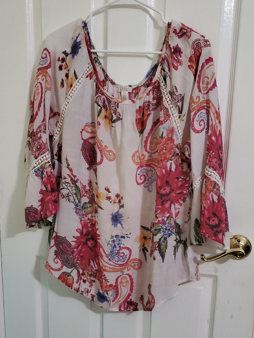 Spense Boho Colorful Floral Paisley Scoop-Neck Lace Flutter Sleeves Top L